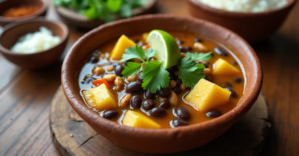 A bowl of Brazilian Mounjaro, featuring cassava, black beans, and coconut milk, garnished with cilantro and lime, served in a rustic clay bowl with spices and rice on the side.