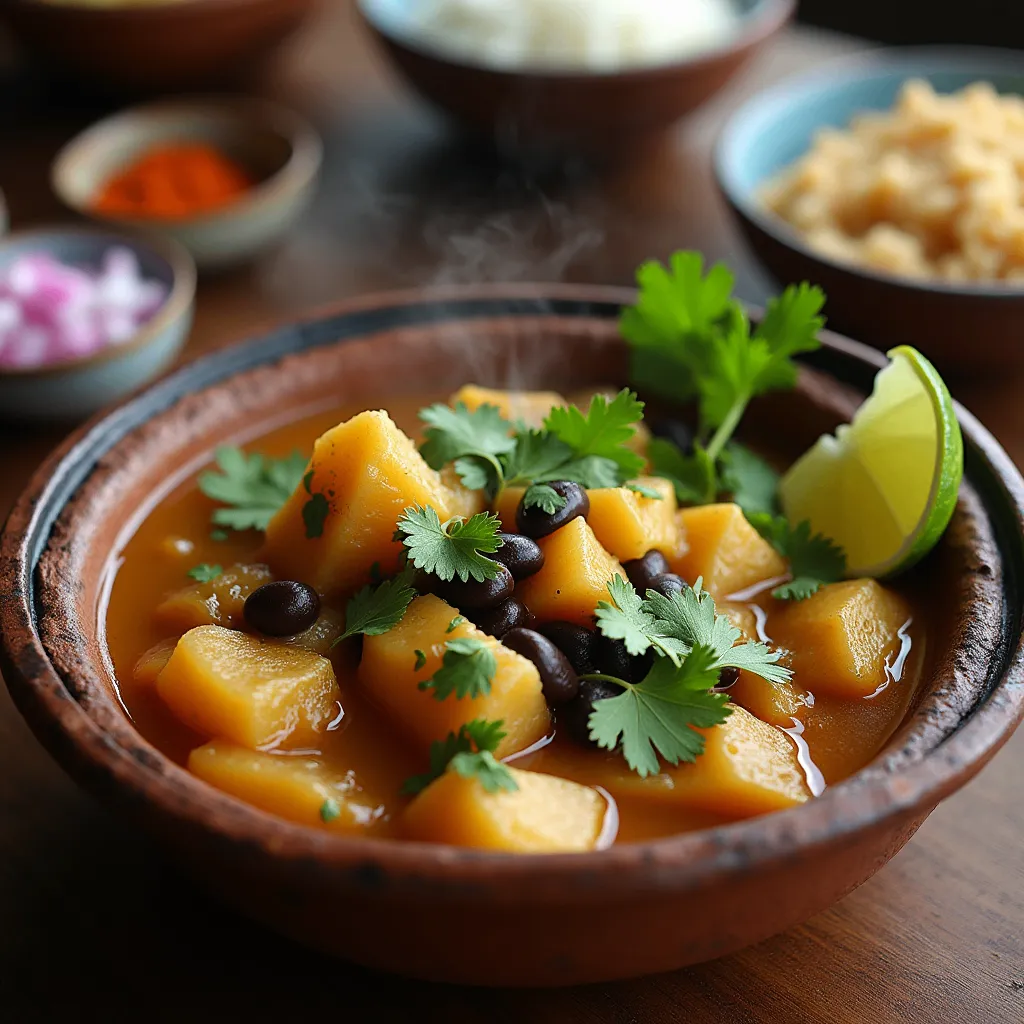 A bowl of Brazilian Mounjaro, featuring cassava, black beans, and coconut milk, garnished with cilantro and lime, served in a rustic clay bowl with spices and rice on the side.

