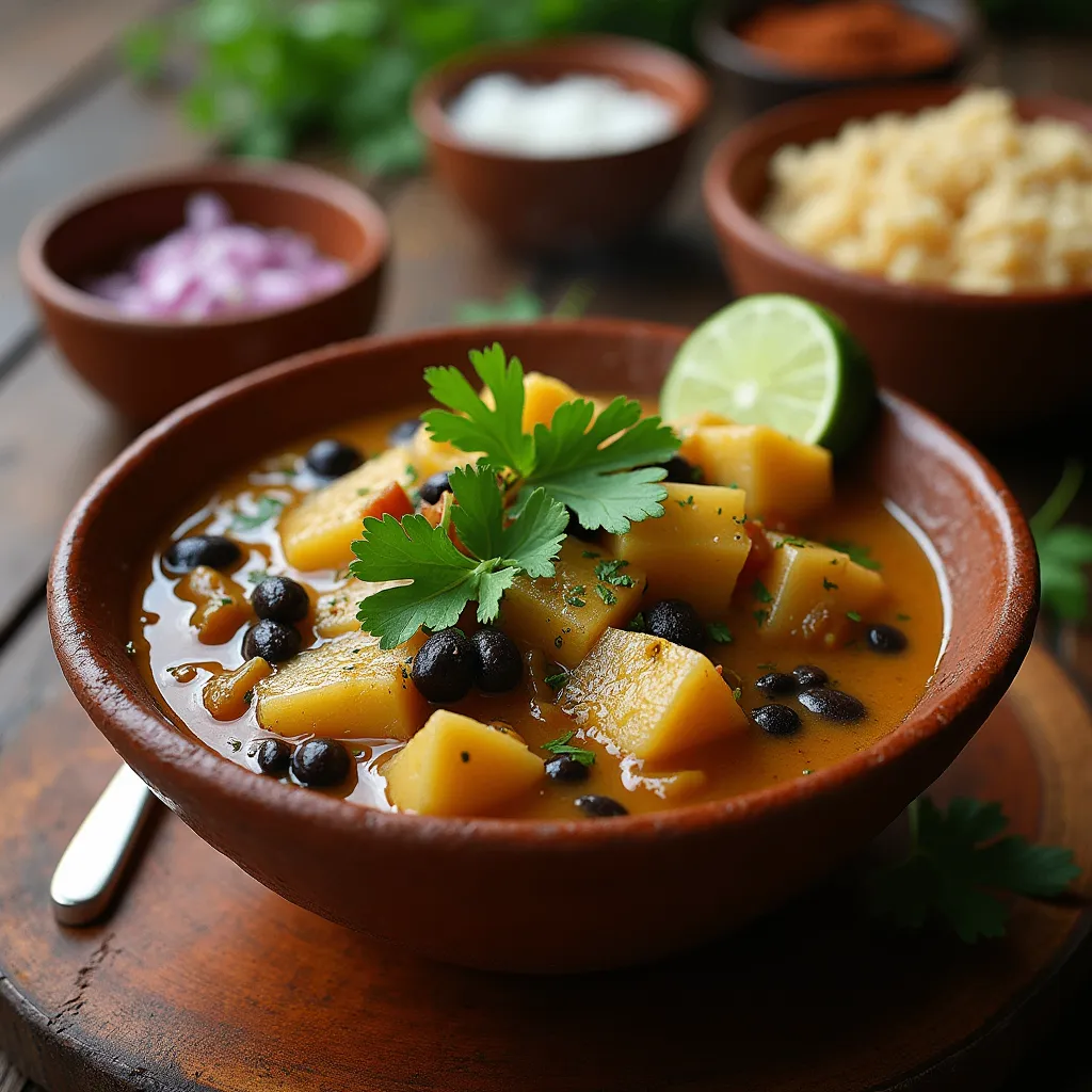 A bowl of Brazilian Mounjaro, featuring cassava, black beans, and coconut milk, garnished with cilantro and lime, served in a rustic clay bowl with spices and rice on the side.

