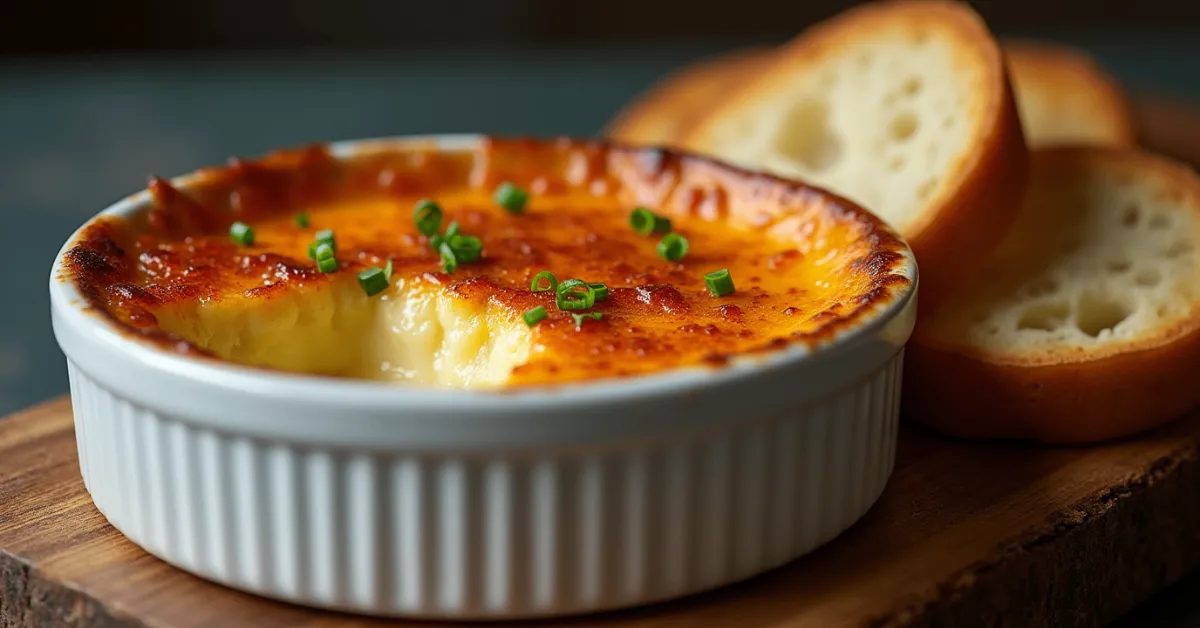 A creamy Crab Brûlée in a white ramekin with a golden caramelized sugar crust, garnished with chives and served with toasted baguette slices.