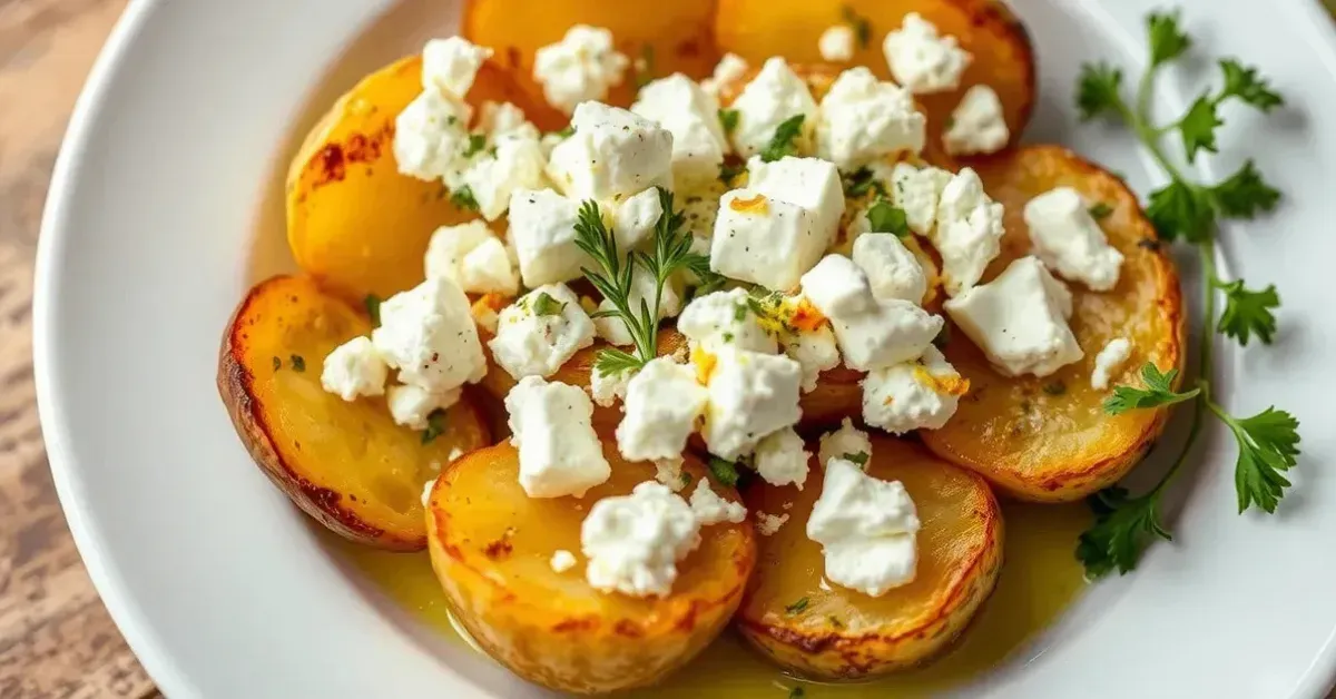 Golden roasted potatoes topped with creamy feta cheese, garnished with fresh herbs and lemon zest