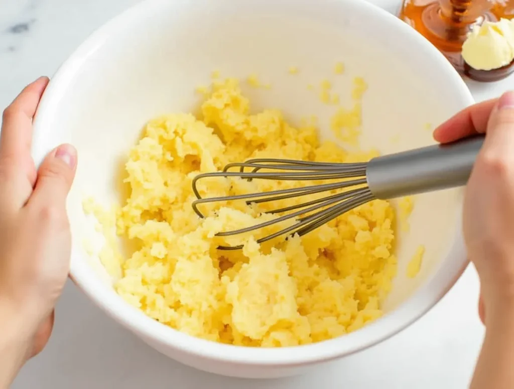 Mashed bananas mixed with honey, eggs, and melted butter in a bowl