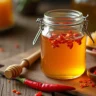 A jar of homemade hot honey with chili flakes, placed on a rustic kitchen counter, showcasing its vibrant golden color and spicy appeal.