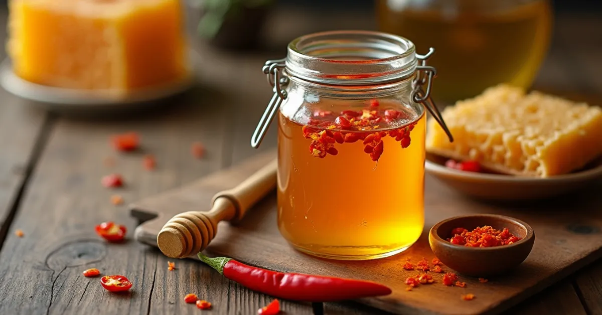 A jar of homemade hot honey with chili flakes, placed on a rustic kitchen counter, showcasing its vibrant golden color and spicy appeal.