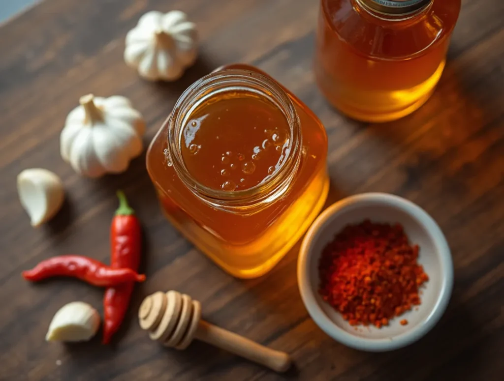 A top-down view of honey, chili flakes, vinegar, and garlic on a wooden countertop.