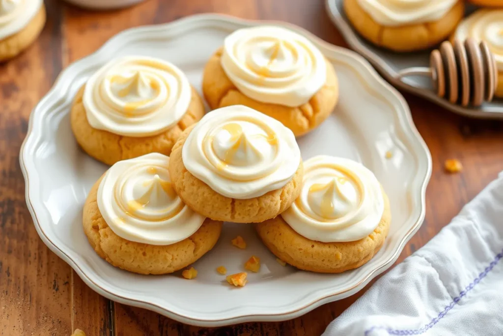 Golden-brown honey buttercream cornbread cookies on a plate with frosting and honey drizzle