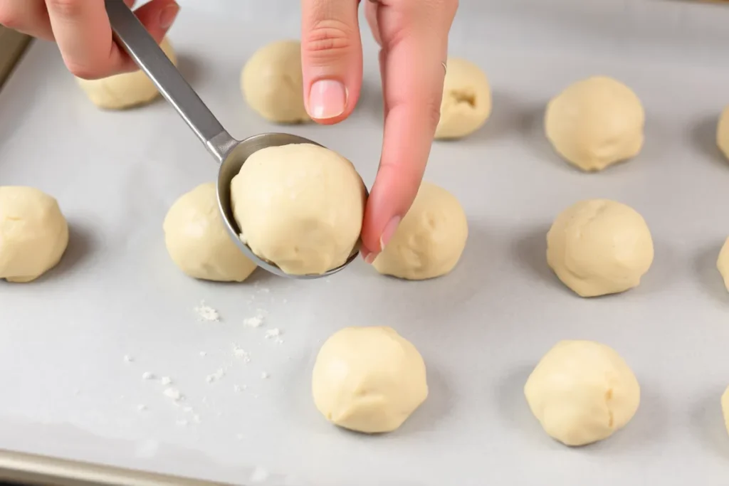 Shaping cookie dough for Honey Buttercream Cornbread Cookies on a baking sheet.