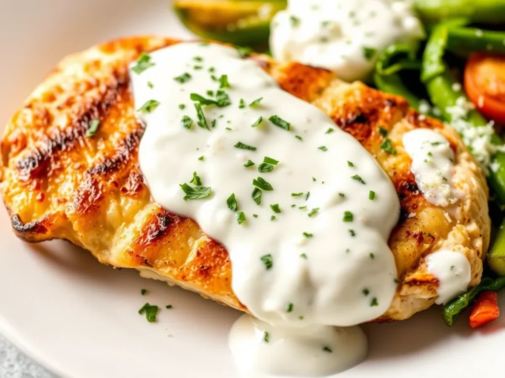 Creamy cottage cheese sauce served over grilled chicken with fresh herbs, Parmesan, and steamed vegetables.

