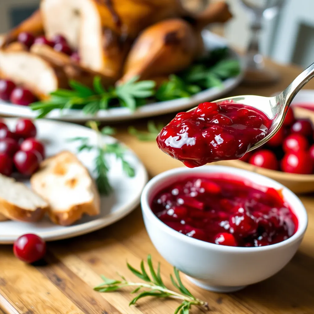 Spoonful of homemade cranberry sauce with raspberry jam, lifted from a bowl, with a festive holiday table setting in the background