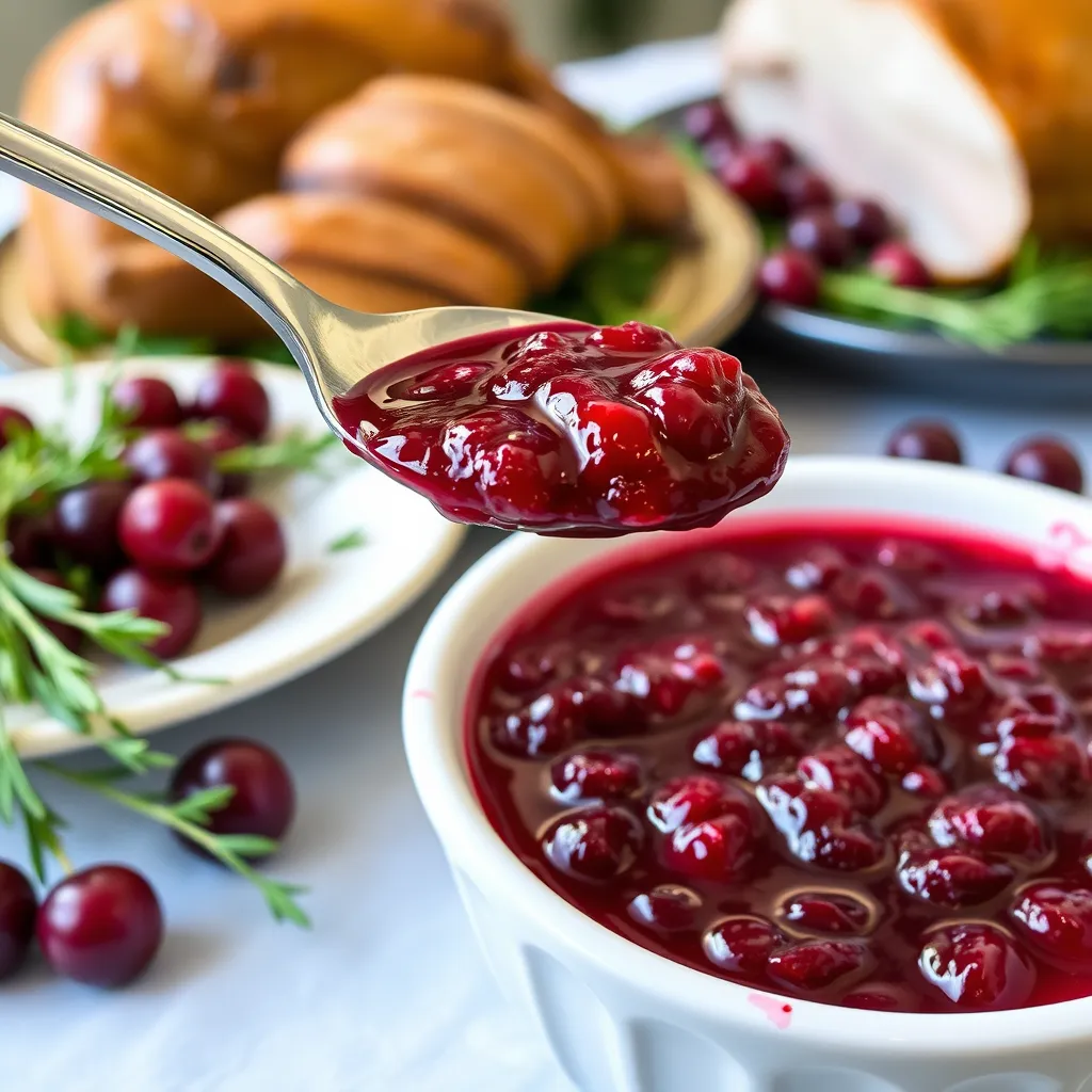 Spoonful of homemade cranberry sauce with raspberry jam, lifted from a bowl, with a festive holiday table setting in the background