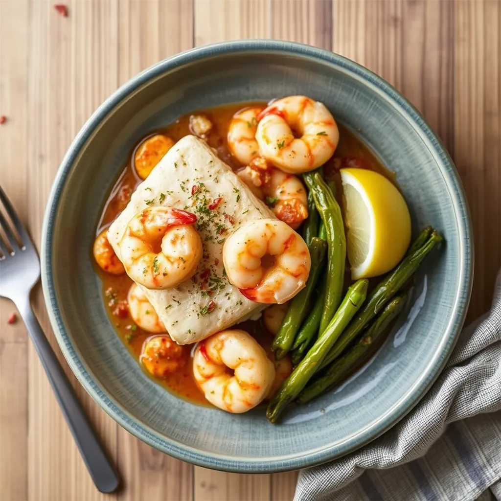 A beautifully plated Cod and Shrimp dish with golden-brown cod and juicy shrimp, garnished with fresh herbs, lemon wedges, and a drizzle of garlic butter sauce