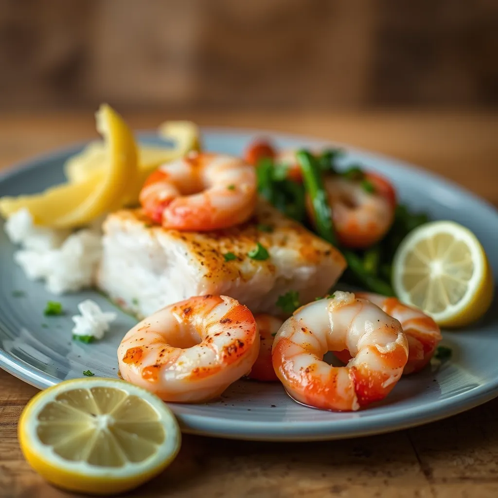 A beautifully plated Cod and Shrimp dish with golden-brown cod and juicy shrimp, garnished with fresh herbs, lemon wedges, and a drizzle of garlic butter sauce