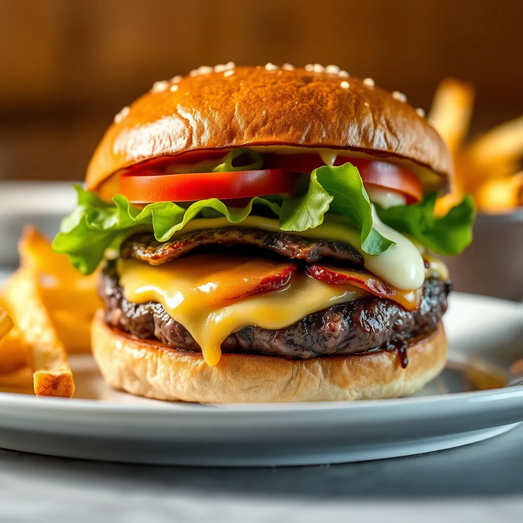 Juicy Wagyu burger with fresh lettuce, tomato, and aioli on a brioche bun