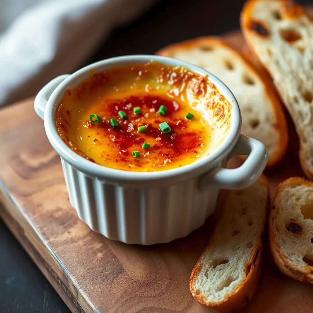 A creamy Crab Brûlée in a white ramekin with a golden caramelized sugar crust, garnished with chives and served with toasted baguette slices.