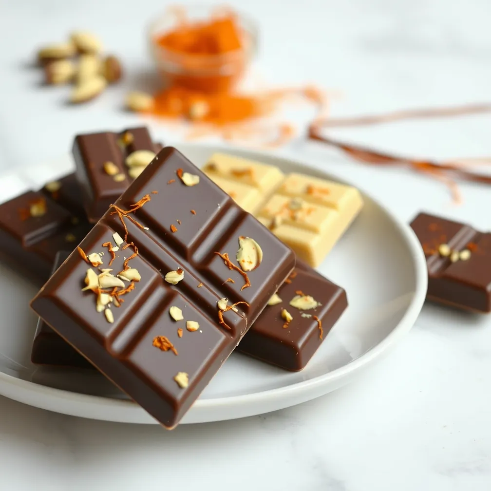 Homemade Dubai chocolate bar with pistachios, saffron threads, and edible gold flakes on a white plate