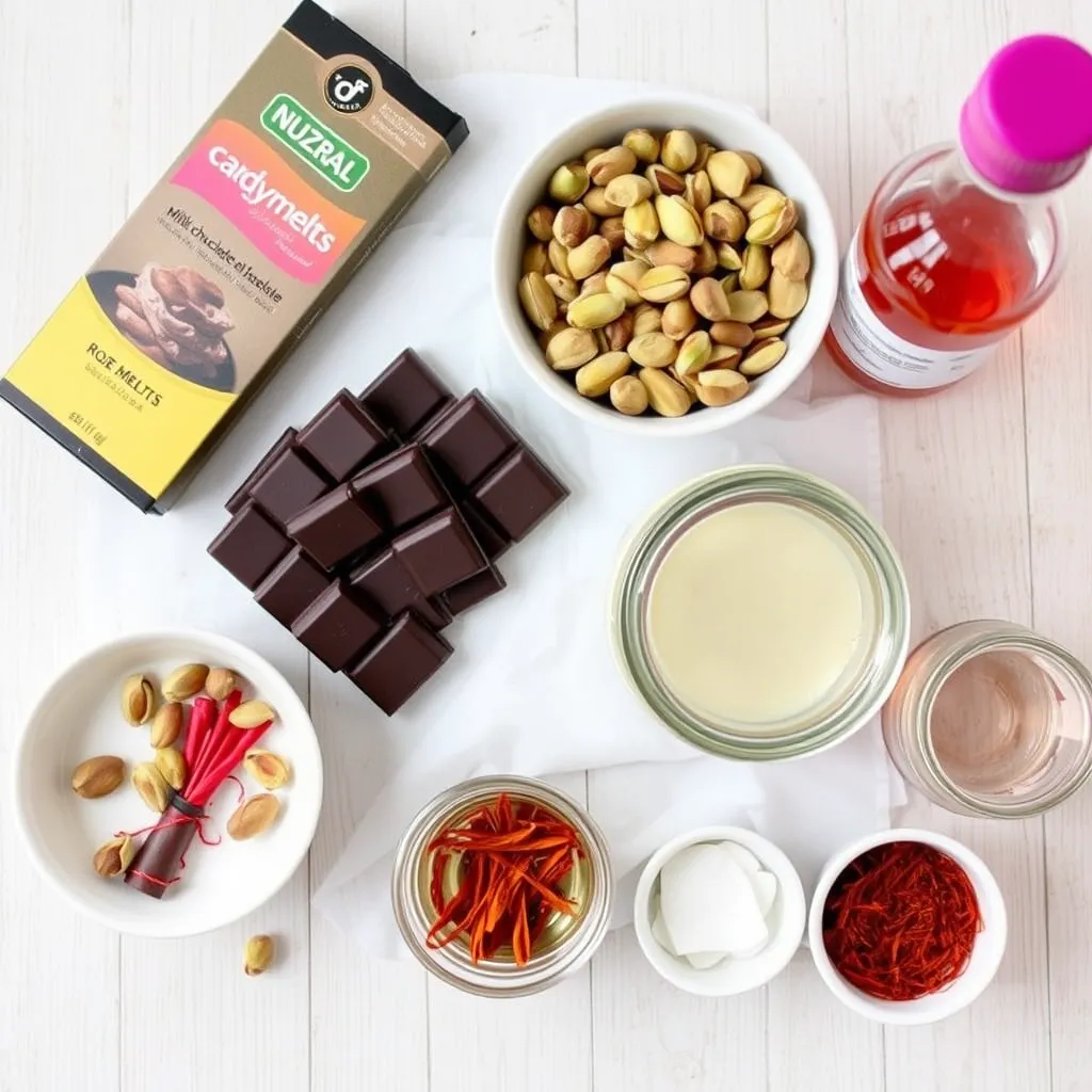 A selection of ingredients for making Dubai chocolate bars, including milk chocolate, dark chocolate, pistachios, candy melts, saffron, and rose water.