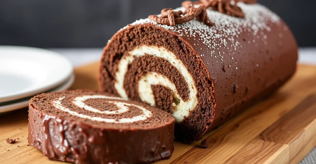 A decadent Triple Chocolate Roll Cake filled with chocolate mousse, topped with a glossy ganache, and rolled to perfection.