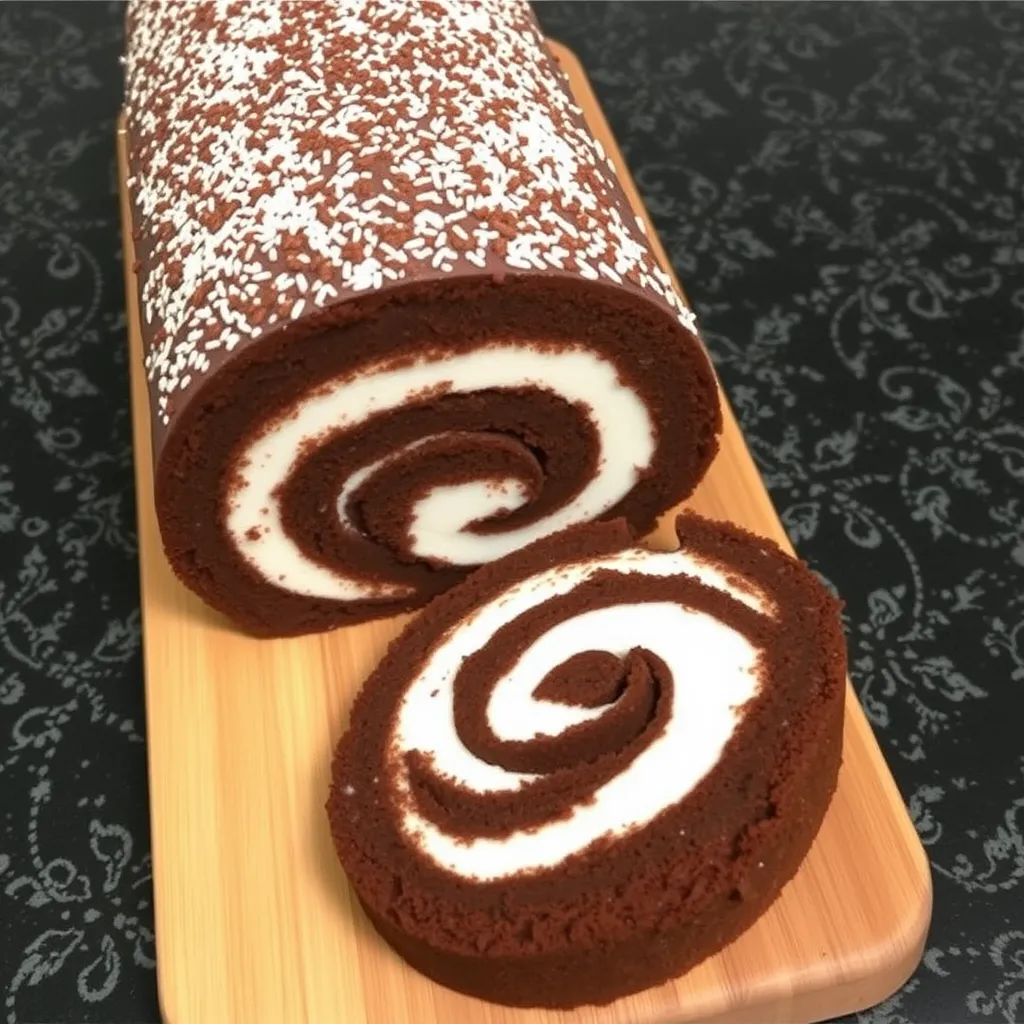 A decadent Triple Chocolate Roll Cake filled with chocolate mousse, topped with a glossy ganache, and rolled to perfection.