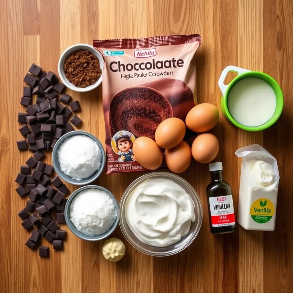 Ingredients for making a Triple Chocolate Roll Cake, including dark chocolate, cocoa powder, cake mix, and more.

