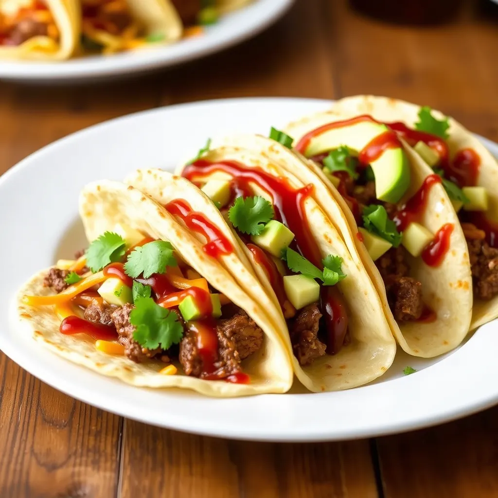 Garlic Butter Honey BBQ Beef Tacos with melted cheese, avocado, cilantro, and BBQ sauce on soft tortillas