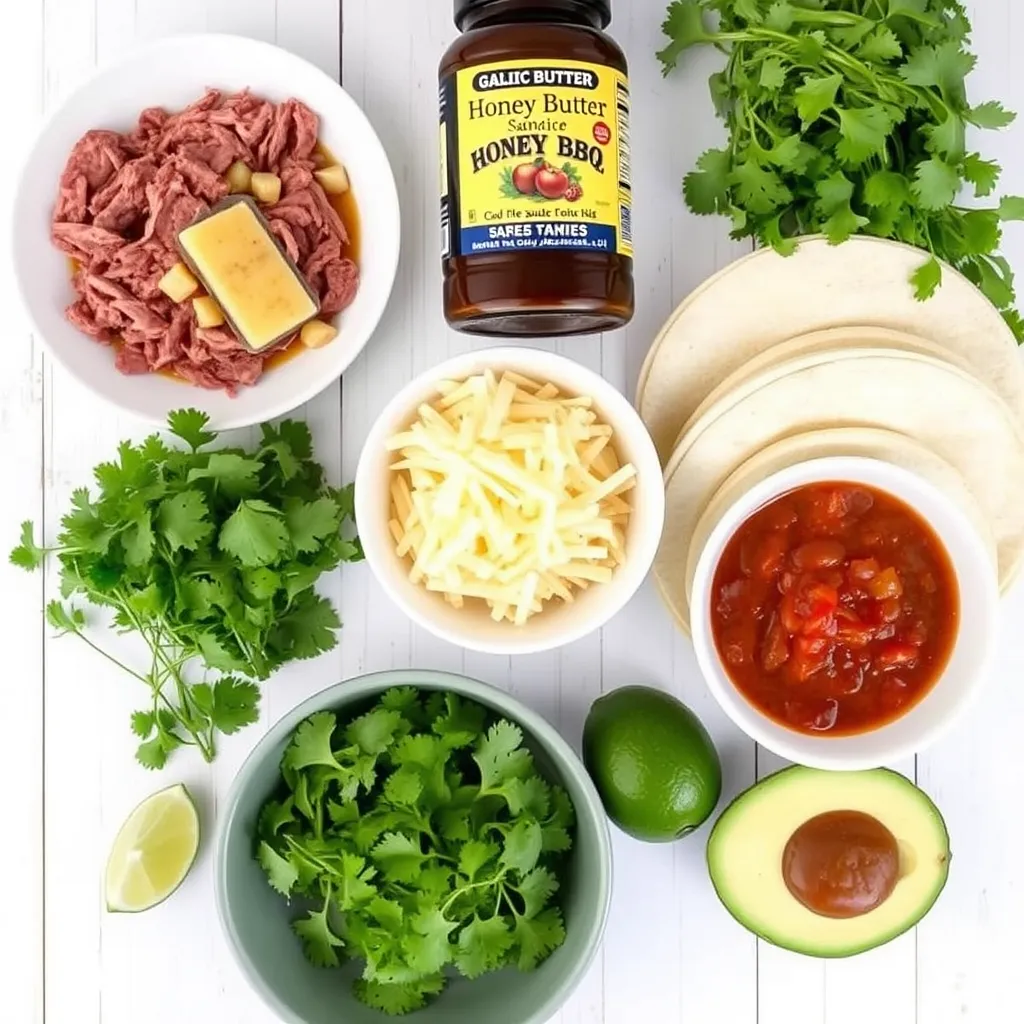 Fresh ingredients for Garlic Butter Honey BBQ Beef Tacos, including beef, garlic butter, honey BBQ sauce, tortillas, cheese, cilantro, avocado, lime, and salsa.

