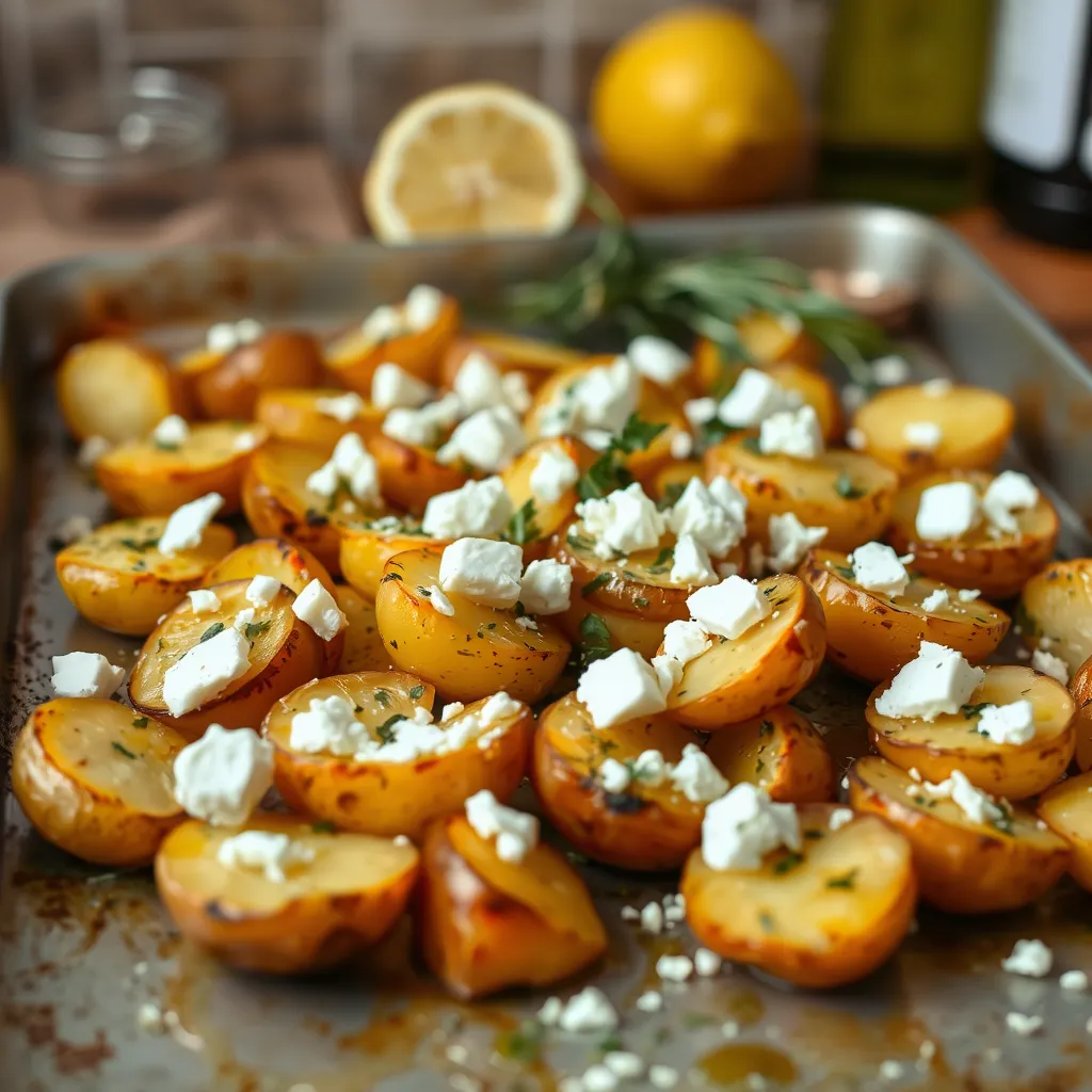 Golden roasted potatoes topped with crumbled feta cheese, garlic, and fresh herbs