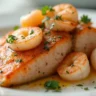 Close-up of Crab & Shrimp Stuffed Salmon served on a white plate with natural, soft lighting and rich textures.