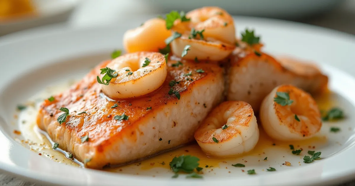 Close-up of Crab & Shrimp Stuffed Salmon served on a white plate with natural, soft lighting and rich textures.