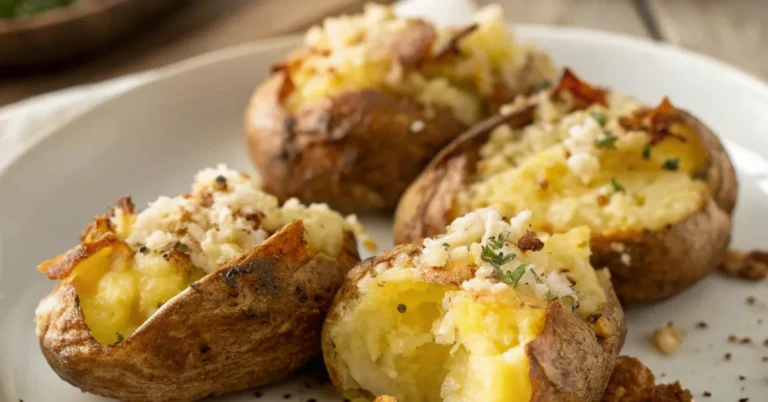 Crispy Caesar Smashed Potatoes served in a plain white plate with golden edges, drizzled with Caesar dressing, and topped with fresh parsley.