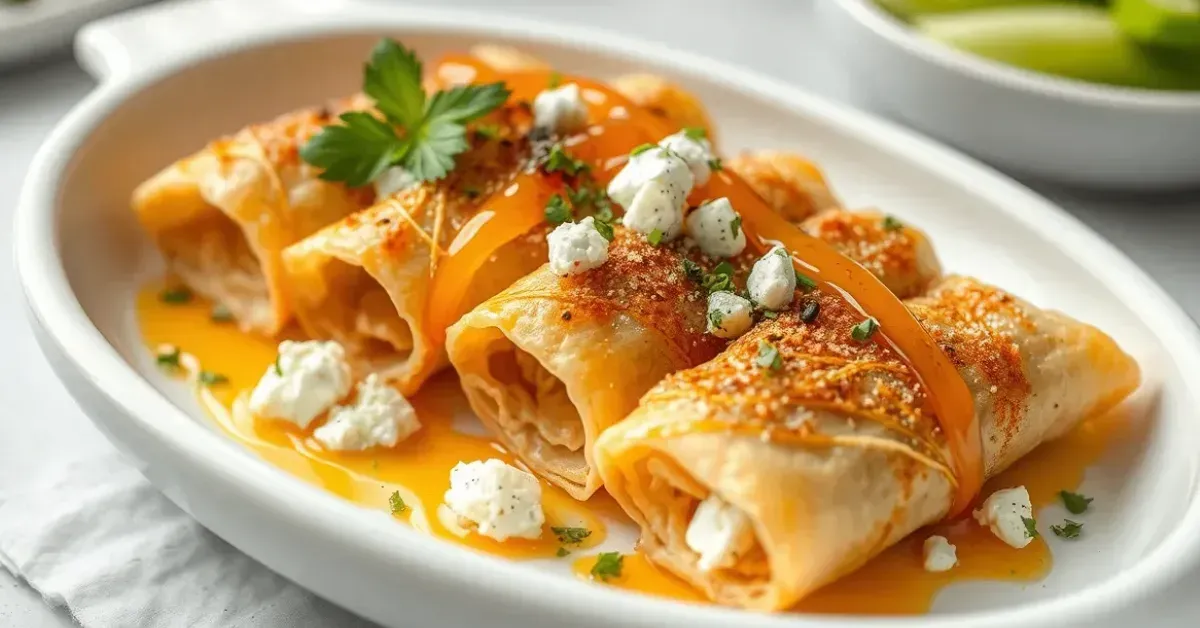 A close-up shot of crispy phyllo rolls filled with feta cheese and topped with hot honey drizzle, served in a white dish with natural, soft daylight.