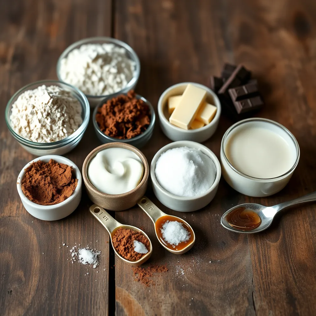 Close-up of ingredients for Salted Caramel Chocolate Tart including cocoa powder, butter, dark chocolate, heavy cream, and sea salt