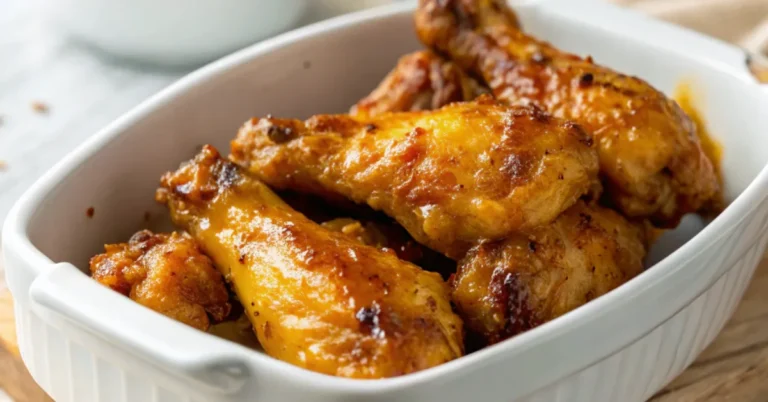Honey Mustard Glazed Wings served in a white ceramic dish with a golden, glossy glaze and crispy texture, captured with natural morning sunlight
