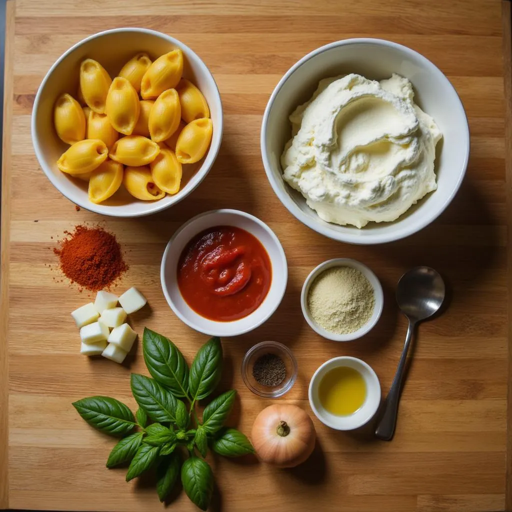 A variety of fresh ingredients including pasta shells, ricotta cheese, marinara sauce, and spices arranged on a wooden countertop.