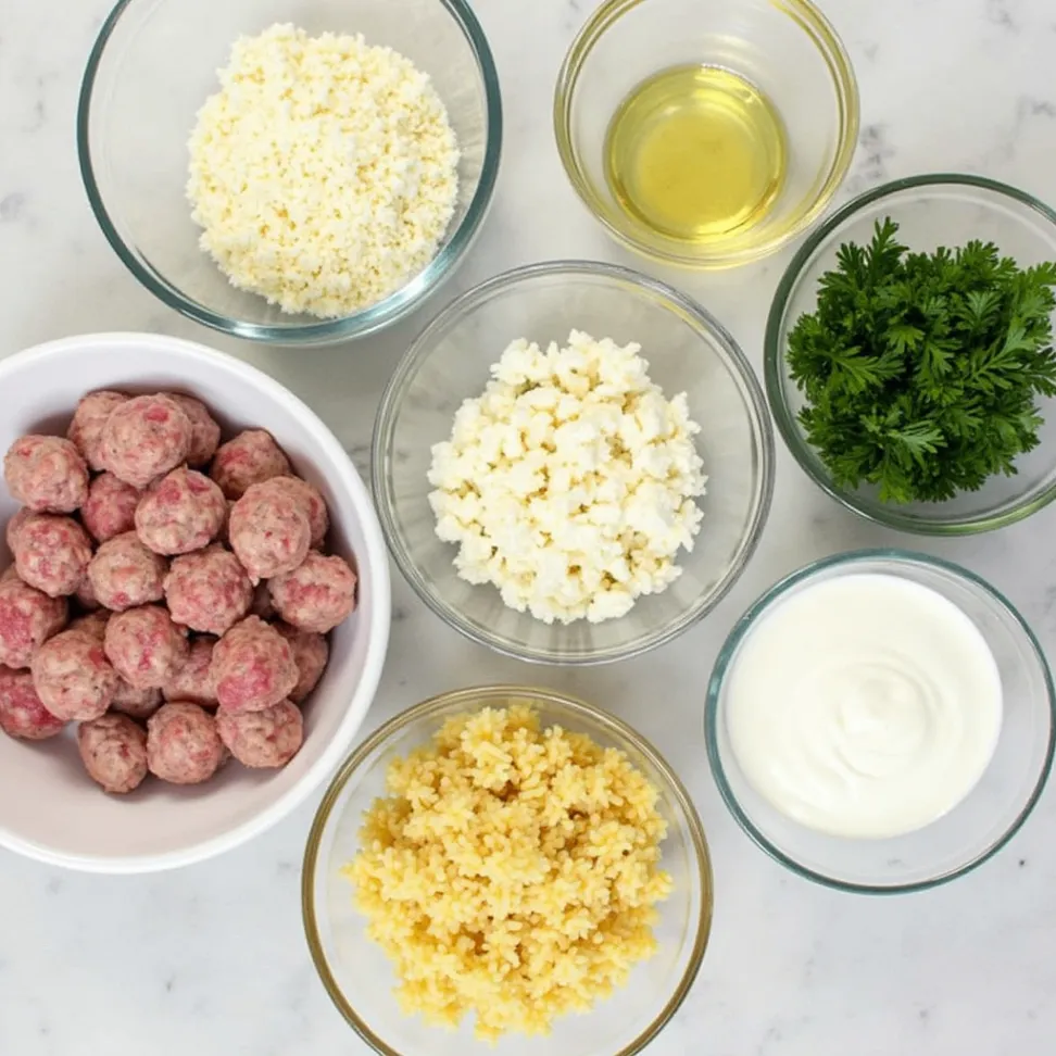 Ingredients for Greek chicken meatballs with lemon orzo including ground chicken, feta cheese, garlic, oregano, red onion, parsley, orzo, olive oil, lemon zest, and Greek yogurt