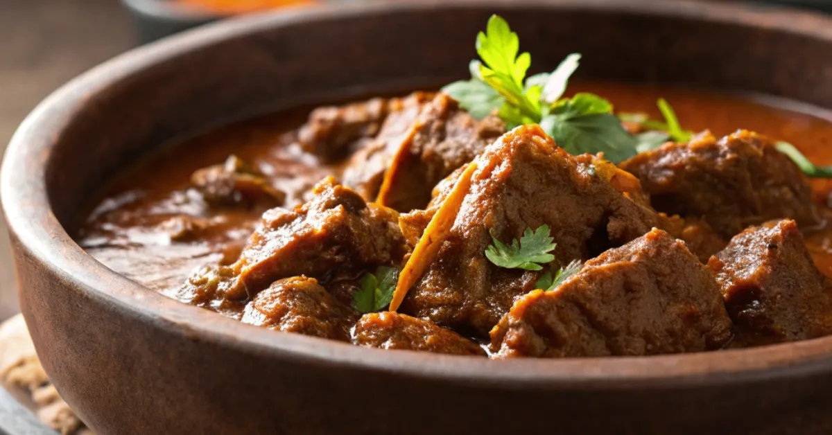 A close-up of Spicy & Aromatic Beef Vindaloo Curry served in a rustic brown dish, with rich textures and true-to-life colors, captured in soft, natural lighting.