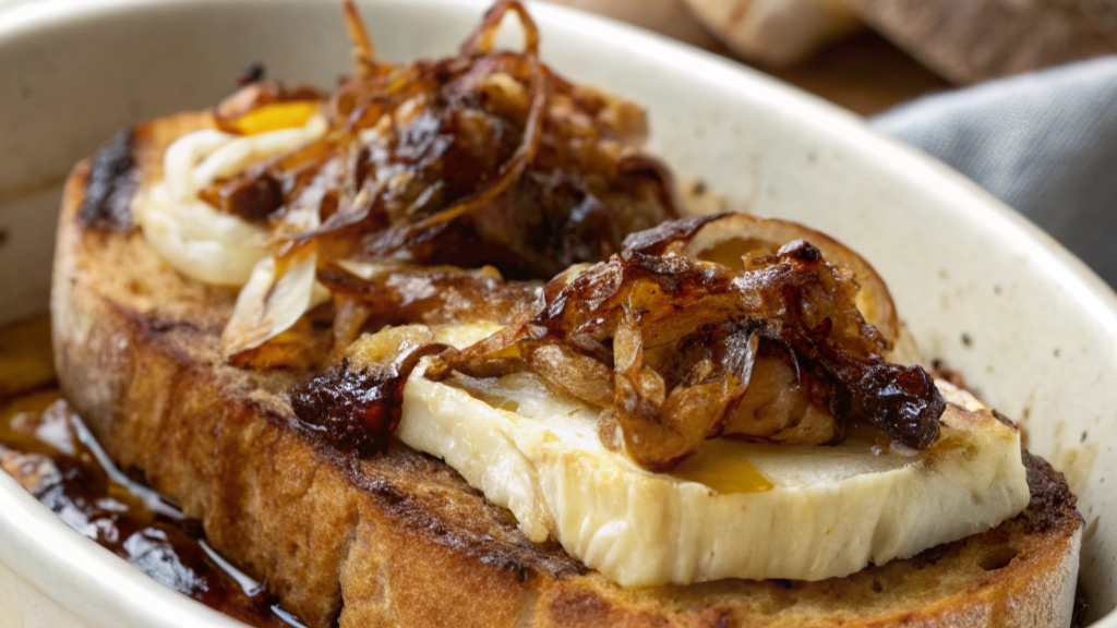 Close-up of Caramelized Onion and Brie Toast served on a rustic white plate with golden, melted Brie and caramelized onions