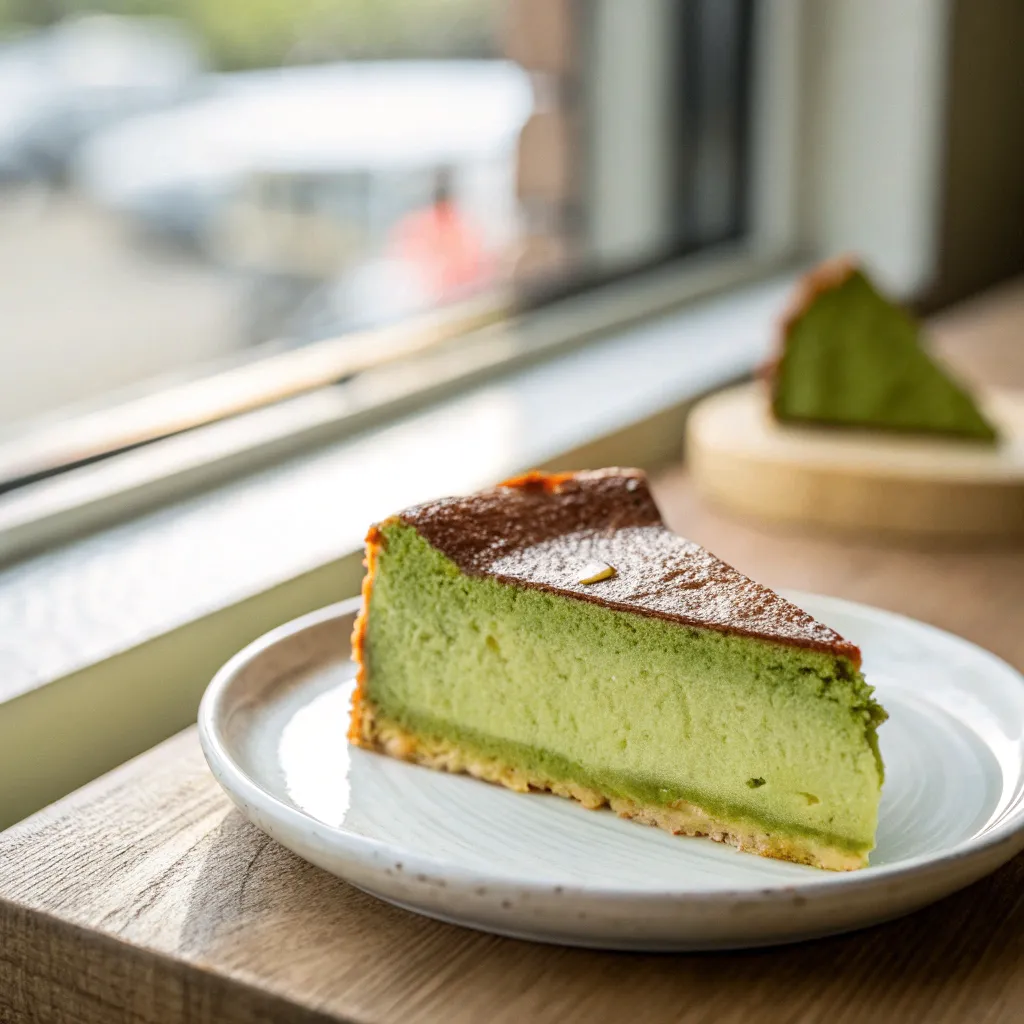 Close-up shot of Vanilla Matcha Basque Cheesecake served in a white dish, showcasing its golden-brown top and creamy green matcha center