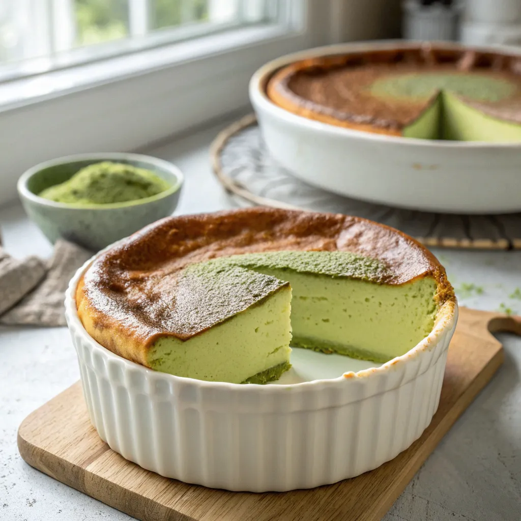 Close-up shot of Vanilla Matcha Basque Cheesecake served in a white dish, showcasing its golden-brown top and creamy green matcha center