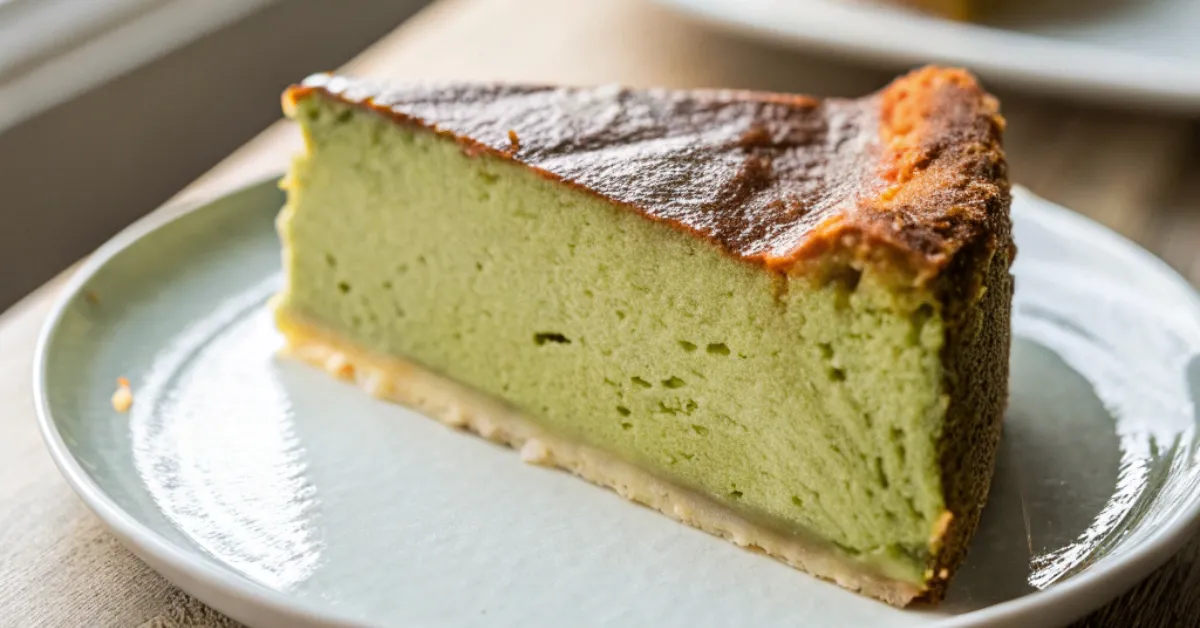 Close-up shot of Vanilla Matcha Basque Cheesecake served in a white dish, showcasing its golden-brown top and creamy green matcha center