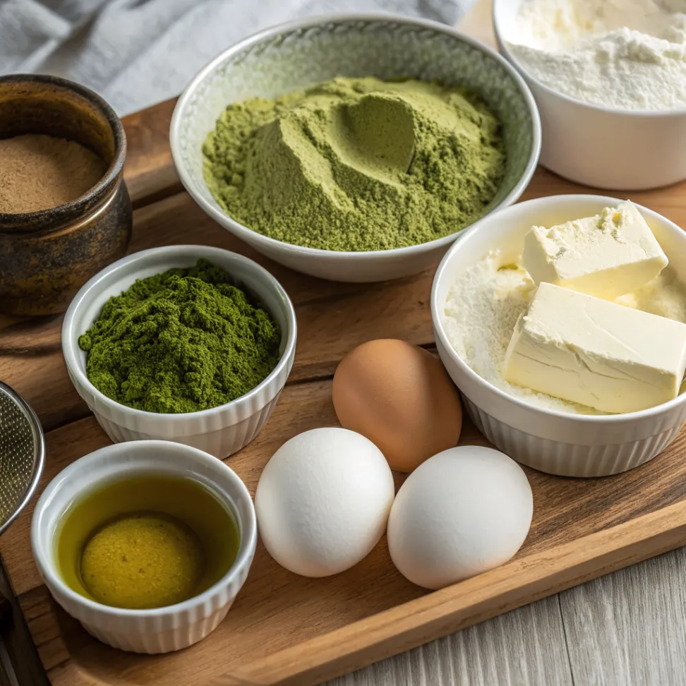 Close-up shot of ingredients for Vanilla Matcha Basque Cheesecake, including matcha powder, vanilla extract, cream cheese, eggs, sugar, and flour, captured in soft, natural lighting.