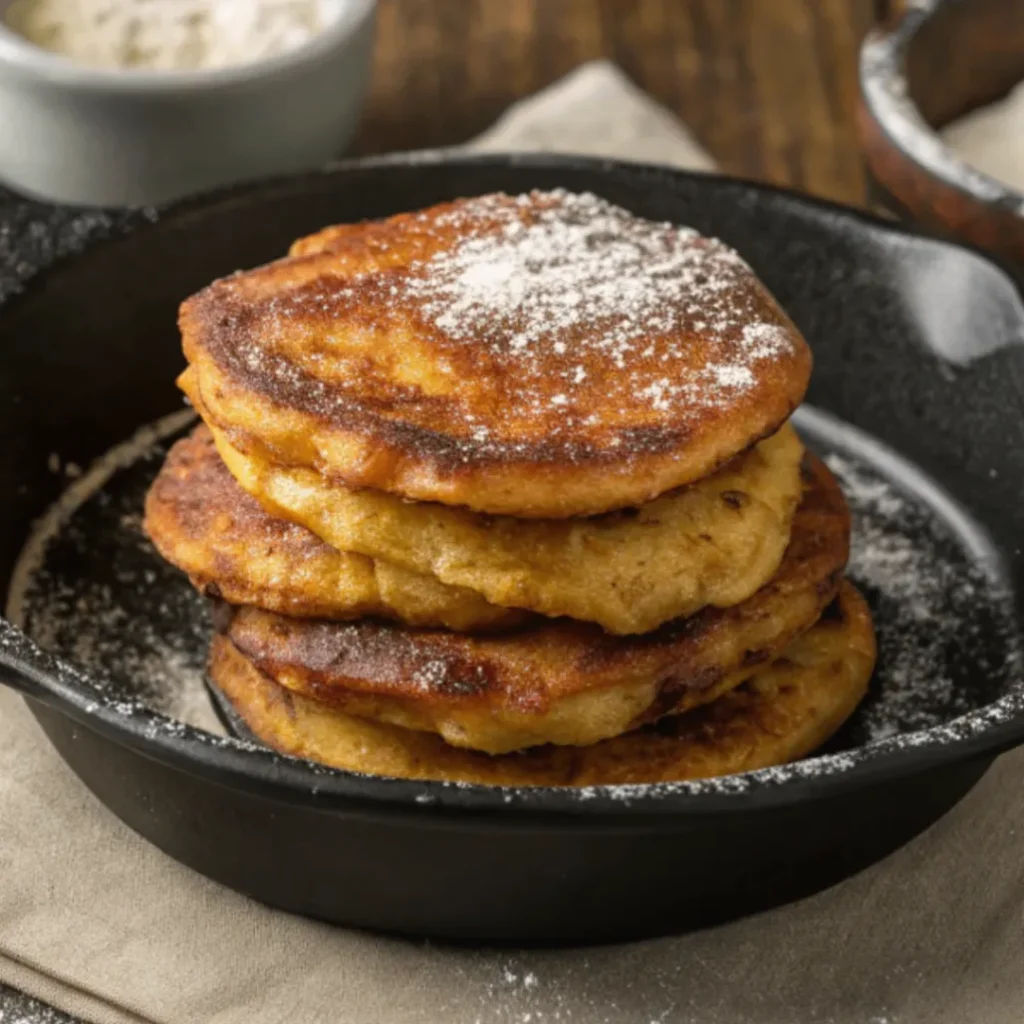 Skillet Banana Fritters served in a white dish with golden-brown crispy texture, captured in natural daylight