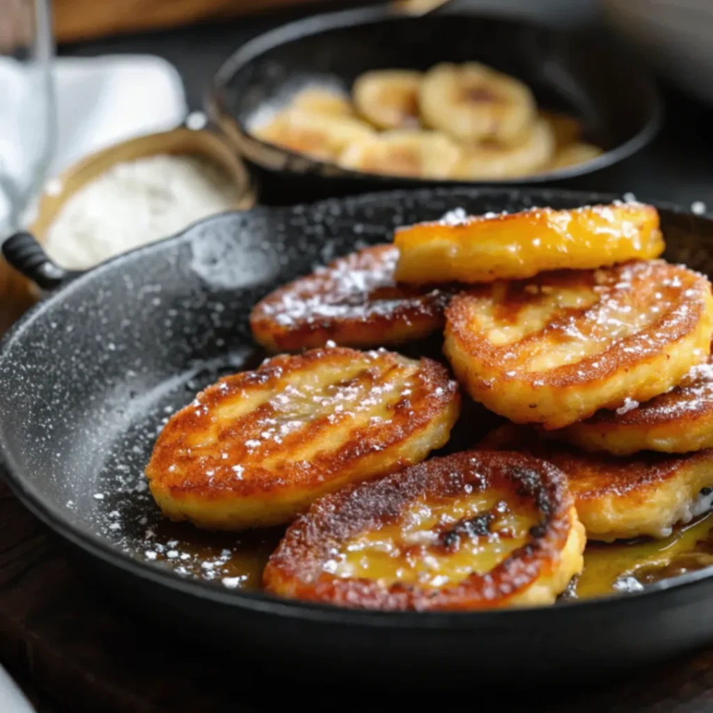 Skillet banana fritters served in a white dish with powdered sugar and honey drizzle