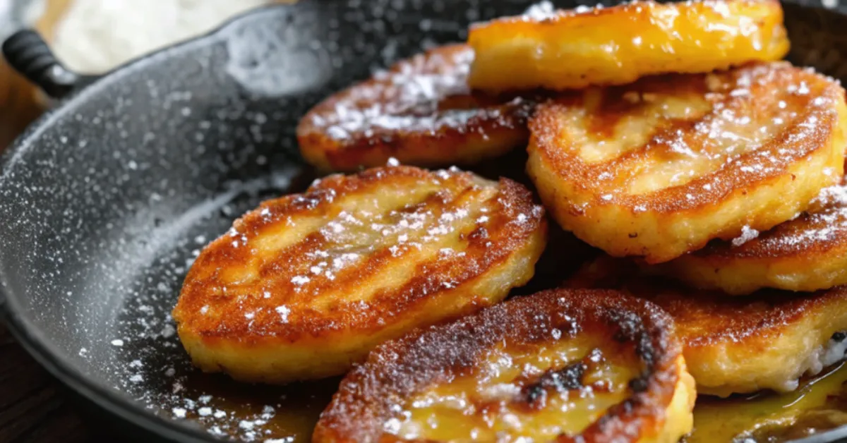 Skillet banana fritters served in a white dish with powdered sugar and honey drizzle