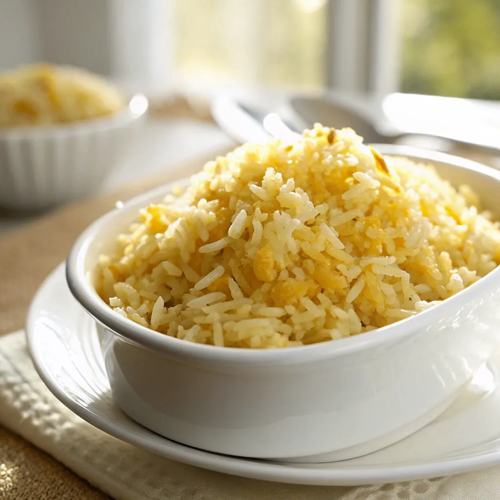 A close-up of Golden Butter Rice served in a white ceramic dish with soft, diffused natural lighting