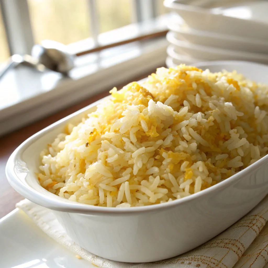 A close-up of Golden Butter Rice served in a white ceramic dish with soft, diffused natural lighting