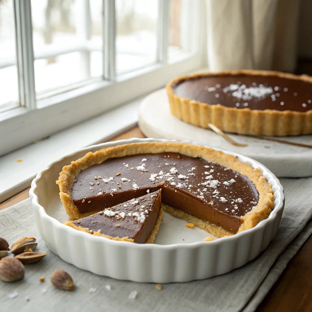 A close-up of Salted Caramel Chocolate Tart served in a white ceramic dish, showcasing a smooth chocolate ganache, golden tart crust, and sea salt flakes, captured in soft natural light.