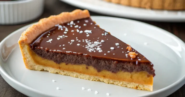 Close-up of Salted Caramel Chocolate Tart with glossy chocolate ganache, salted caramel, and buttery crust on a white plate.