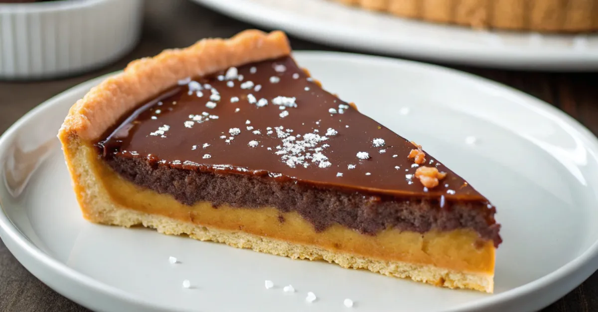 Close-up of Salted Caramel Chocolate Tart with glossy chocolate ganache, salted caramel, and buttery crust on a white plate.