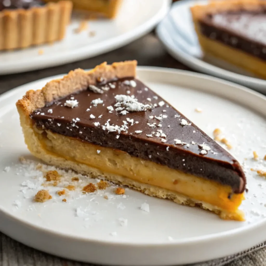 A close-up of Salted Caramel Chocolate Tart served in a white ceramic dish, showcasing a smooth chocolate ganache, golden tart crust, and sea salt flakes, captured in soft natural light.