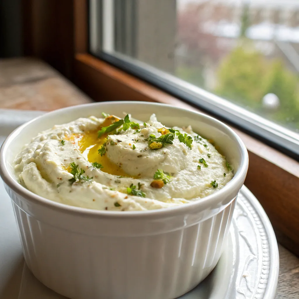 Spring Whipped Ricotta Dip served in a white ceramic bowl, featuring creamy textures and fresh, vibrant colors. Perfect for spring gatherings.